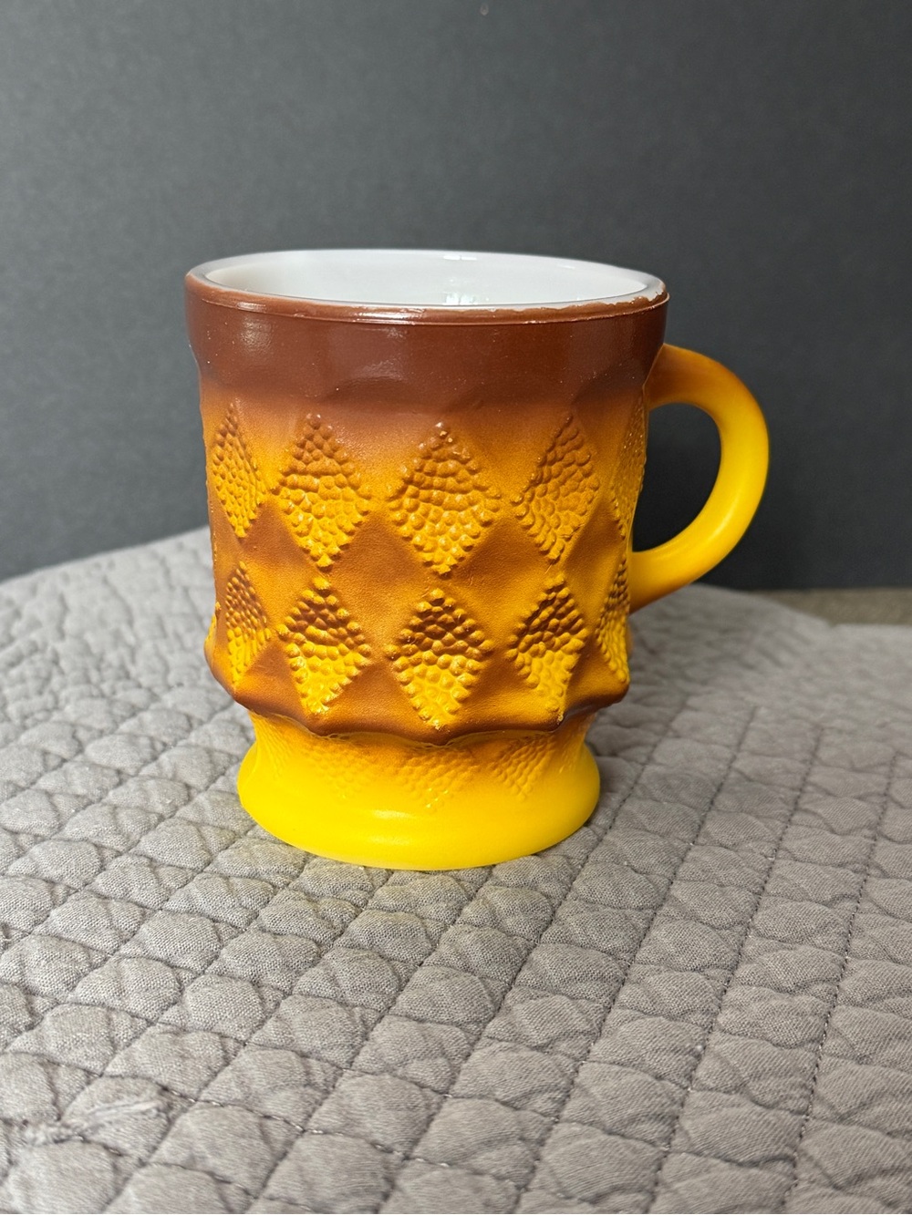 Fire King Yellow and Brown Diamond-Texture Pedestal Mug